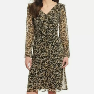 Lauren Ralph Lauren Black/Gold Floral Ruffled Georgette Dress Size 6